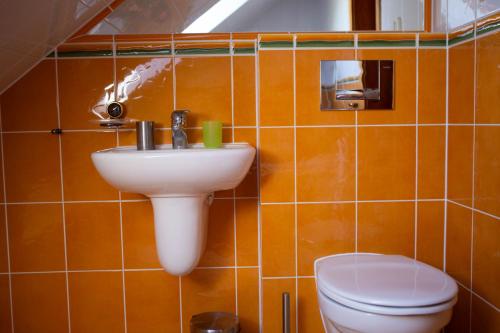 a bathroom with a sink and a toilet at Apartmán NIKA in Levoča