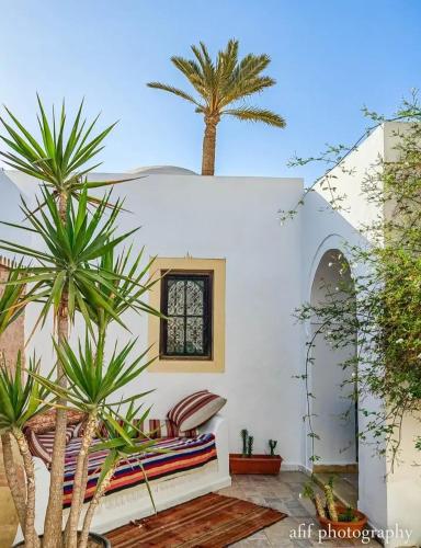 a white house with a palm tree on top of it at Maison Leila chambres d hotes in Midoun