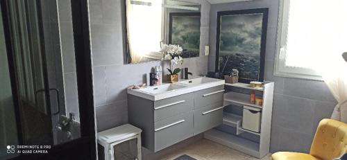 une salle de bain avec un lavabo blanc et un miroir dans l'établissement 125M2 FACE MER ST BRéVIN, à Saint-Brévin-les-Pins
