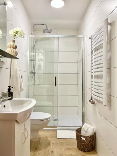 a bathroom with a shower and a toilet and a sink at Nosal Ski & Wine Apartments in Zakopane