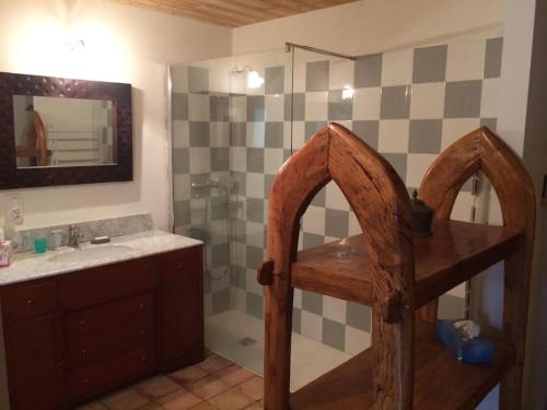 a bathroom with a sink and a shower with a mirror at Maison de village en montagne in La Bréole