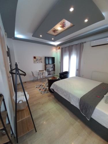 a bedroom with a bed and a living room at A&D Central Studio in Volos