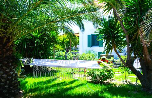 una hamaca en un patio con palmeras y una casa en ANCIENT MEROPIA - Les jardins des muses, en Apollonia