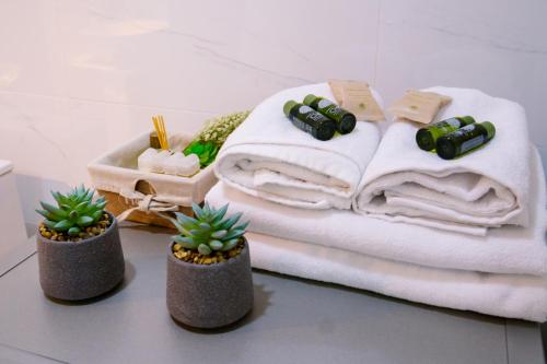 a table topped with towels and cacti and a table with plants at hotelise l Mountain View in Tsaghkadzor