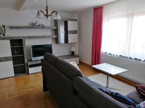 StadtilmにあるFerienhaus Putzkeのソファとテレビのあるリビングルーム