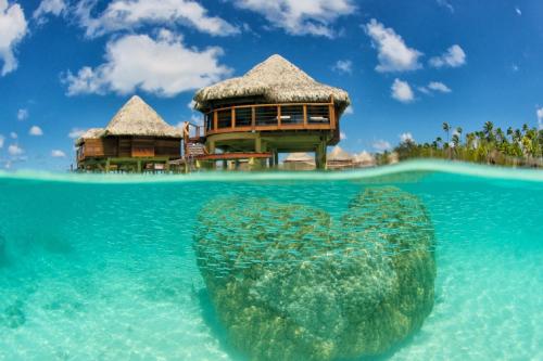 a large rock in the water in front of a resort at Hotel Kia Ora Resort & Spa in Avatoru