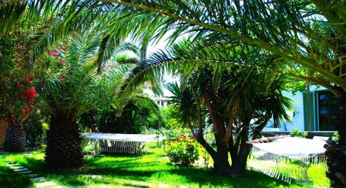 a garden with palm trees and a table and chairs at ANCIENT MEROPIA - Les jardins des muses in Apollonia