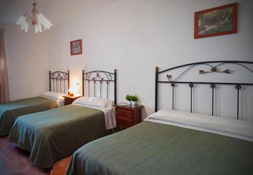 two beds in a hotel room with green sheets at El Olmo in Posadas