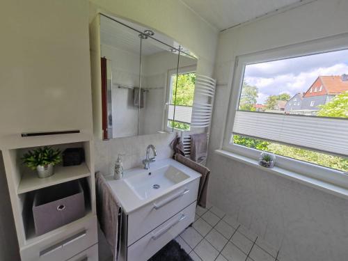 ein Badezimmer mit einem Waschbecken und einem großen Fenster in der Unterkunft Haus Brockenblick in Clausthal-Zellerfeld