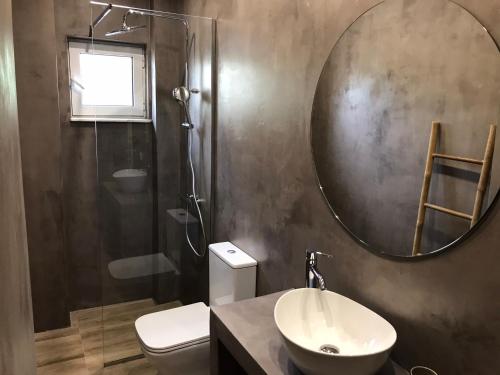 a bathroom with a toilet and a sink and a mirror at Artemis Apartments in Diakopto