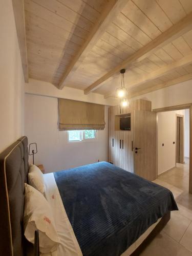1 dormitorio con 1 cama grande con manta azul en Zante Flower Studios & Apartments en Alikanas