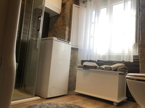 ein Bad mit einer Glasdusche und einem WC in der Unterkunft Precioso apartamento Fina la Caprichosa en centro de Mondariz in Mondariz