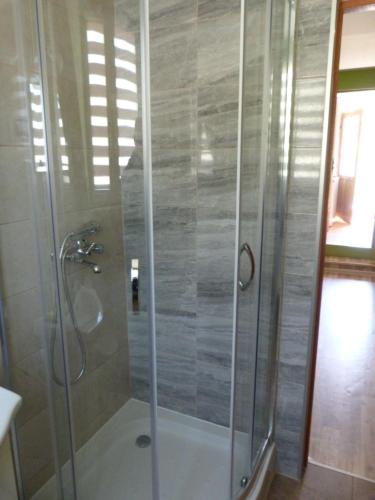 a shower with a glass door in a bathroom at Pokoje gościnne u Steni in Kudowa-Zdrój