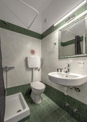 a bathroom with a sink and a toilet and a mirror at Michalis Studios in Pollonia