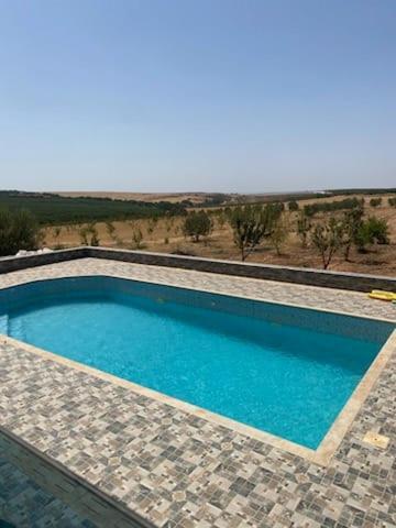 einen blauen Pool mit Blick auf die Wüste in der Unterkunft maison et piscine 