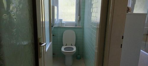 a small bathroom with a toilet with a window at 7 Flower Street Apartment in Šempeter pri Gorici
