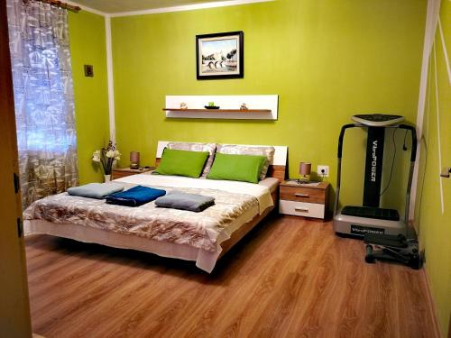 a bedroom with a bed with green walls and a television at Apartments Anita in Crikvenica