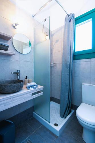 a bathroom with a shower and a sink and a toilet at ANCIENT MEROPIA - Les jardins des muses in Apollonia