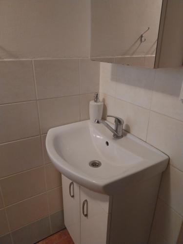 La salle de bains est pourvue d'un lavabo blanc et d'un miroir. dans l'établissement Chata Karlov pod Pradědem. Karlov, à Malá Morávka