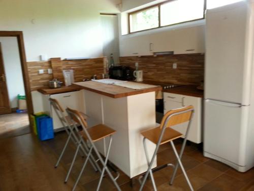 a kitchen with a counter with stools and a refrigerator at Chata pri Vode in Kelča