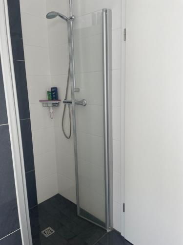 a shower with a glass door in a bathroom at Lenis Kotte in Papenburg