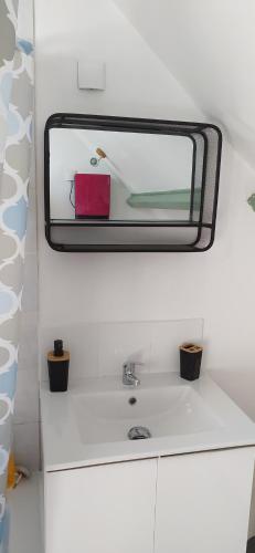 d'un miroir au-dessus d'un lavabo blanc dans la salle de bains. dans l'établissement Appartement pour 2 personnes, à Annequin