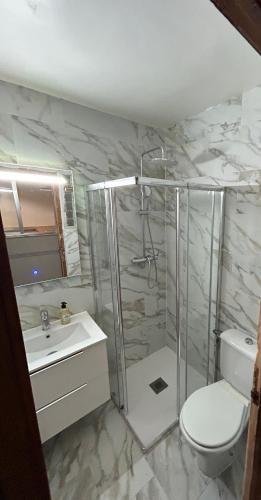 W łazience znajduje się prysznic, toaleta i umywalka. w obiekcie Maison Lo pagan San Pedro del pinatar murcia w mieście San Pedro del Pinatar
