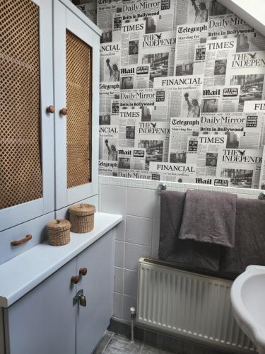 a bathroom with a sink and a newspaper wall at Faithlegg Hotel Lodge in Waterford