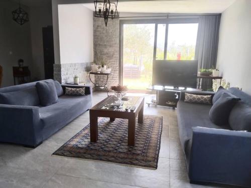 a living room with blue couches and a coffee table at Cottage in Urla
