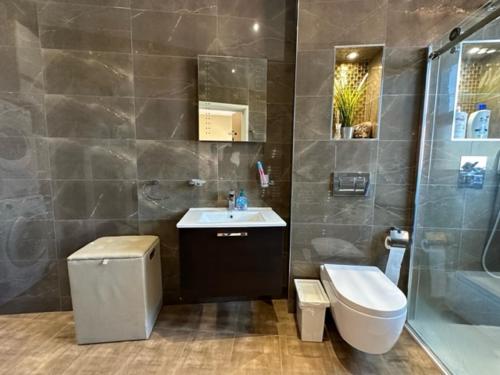 a bathroom with a sink and a toilet and a shower at Lovely apartment near Gatwick airport in Reigate