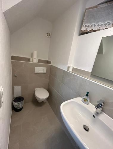 a white bathroom with a toilet and a sink at EZ im Herzen von Gladenbach in Gladenbach