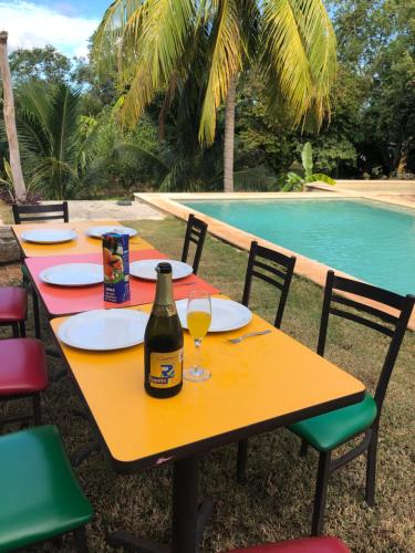 een gele tafel met een fles wijn erop bij Casa de campo Hacienda Multunkú Minerva in Seyé