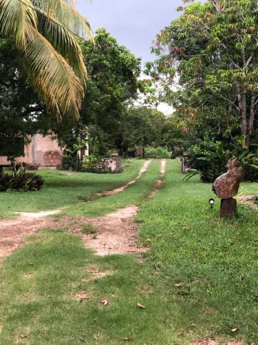 a dirt road with a statue in the grass at Casa de campo Hacienda Multunkú Minerva in Seyé