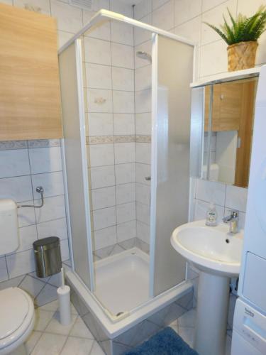 a bathroom with a shower and a toilet and a sink at Apartment Stella in Koper