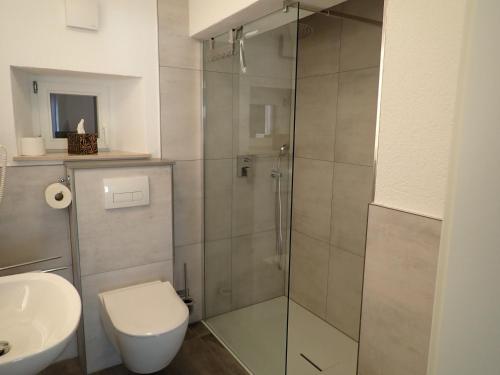 a bathroom with a shower and a toilet and a sink at Karlbacher Domizil Ferienwohnungen in Großkarlbach