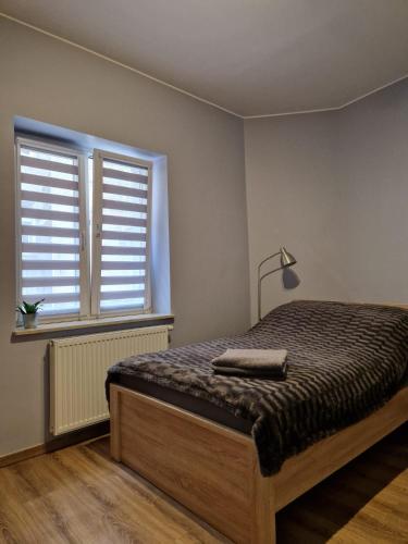 um quarto com uma cama com um candeeiro e uma janela em Apartament PRZYBUDÓWKA em Katowice