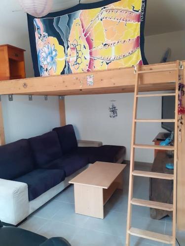 un salon avec un lit superposé et un canapé dans l'établissement Maison de village - grand jardin, à Saint-Quentin-la-Poterie