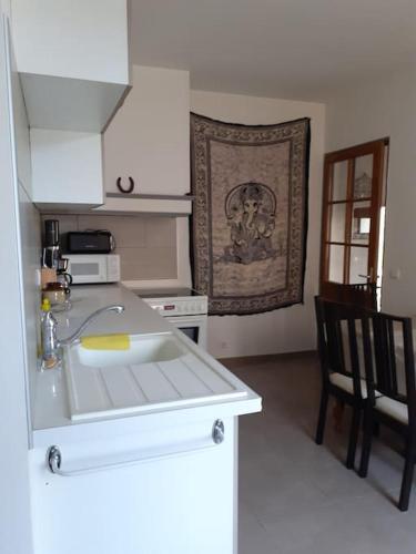 une cuisine avec un évier et un plan de travail dans l'établissement Maison de village - grand jardin, à Saint-Quentin-la-Poterie