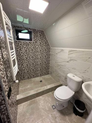 a bathroom with a toilet and a sink at Thomas' Hut in Stepantsminda