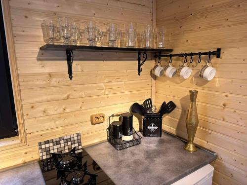 a kitchen with a counter with glasses on a shelf at Thomas' Hut in Stepantsminda