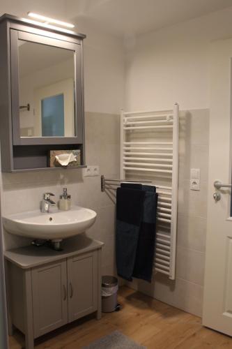 a bathroom with a sink and a mirror at Moderne Wohnung im skandinavischen Stil am Waldrand in Schwielowsee