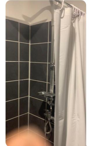 baño con ducha de azulejos negros en Studio indépendant, en Perpiñán