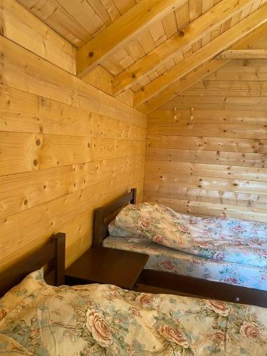 a room with two beds in a log cabin at Gusinje View in Gusinje