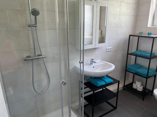 ein Bad mit einer Dusche und einem Waschbecken in der Unterkunft Hotel & Apartment Am Theaterplatz in Bremerhaven