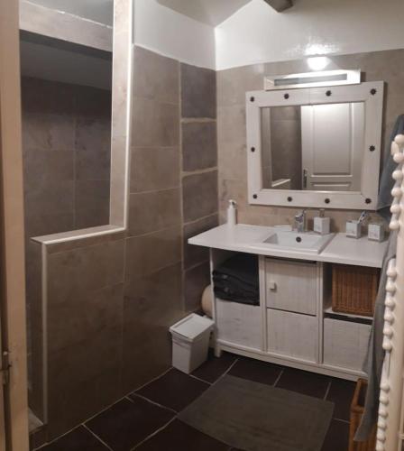 une salle de bain avec un lavabo et un miroir dans l'établissement Maison T2 Renecros, à Bandol