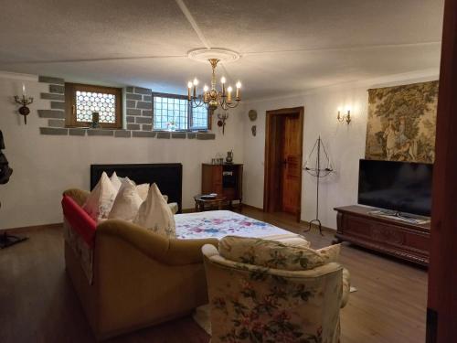 ein Wohnzimmer mit einem Sofa und einem TV in der Unterkunft Ferienwohnung Felicitas by Appartementhaus Theresia in Bad Mitterndorf