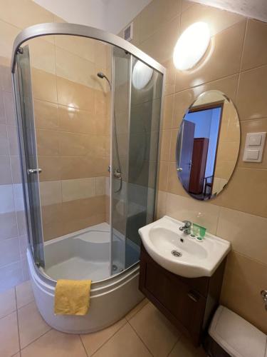 a bathroom with a shower and a sink and a mirror at Villa Dolce Vita in Mrzeżyno