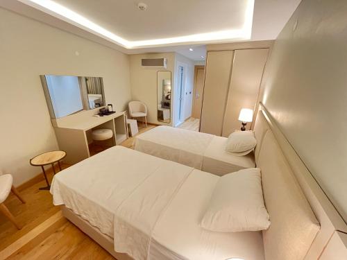 Habitación de hotel con 2 camas y escritorio en Sezer's Oliva Hotel, en Canakkale