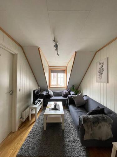 a living room with a couch and a table at City Center Stylish Loft in Trondheim