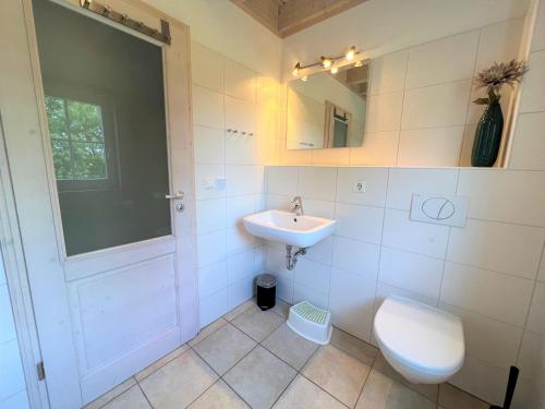 een badkamer met een wastafel, een toilet en een spiegel bij Strandpark Sierksdorf H080 in Sierksdorf